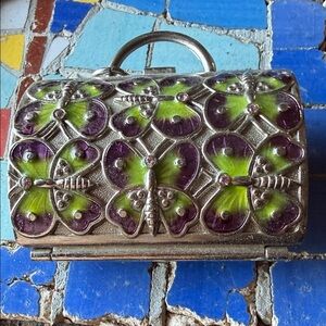 Neiman Marcus Butterfly Embellished Silver and Green Clutch